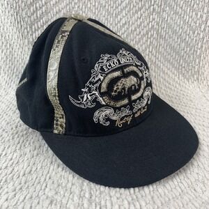 Ecko Unltd Fitted Cap Hat 7 3/8 Mens Black Rhino Rare Root Of All Evil Snake EUC